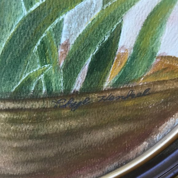 Original Watercolor Painting Red Heart Yellow Iris Flower Oval Frame Skye Henkel - Picture 2 of 7